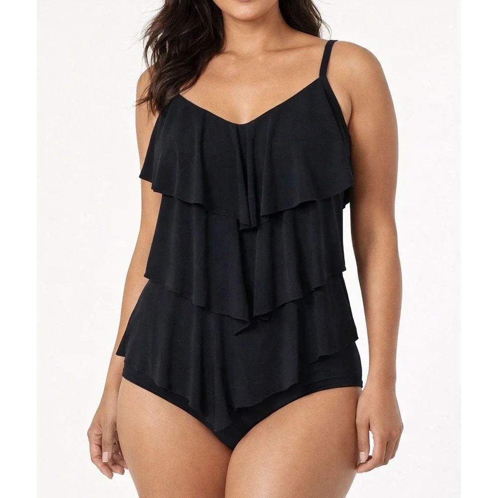 Magicsuit Black Layered Flyaway Tankini Top Womens 8 Flowy Swim Beach Chic